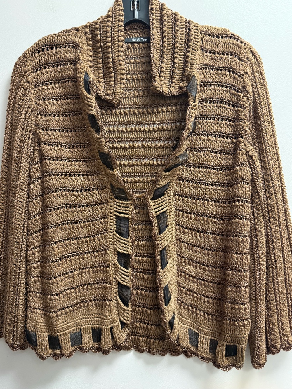 VGUC NIC+ZOE Brown Open-Weave w/Black Mesh Ribbon-Trim Cardigan Womenβs L